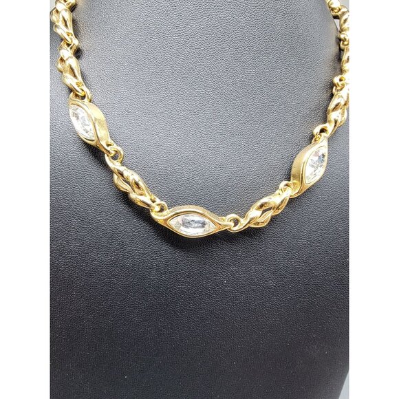 Gold Plated Chain Necklace W/ Marquise-Cut Clear Stones Adjustable Clasp 18" - Picture 15 of 16